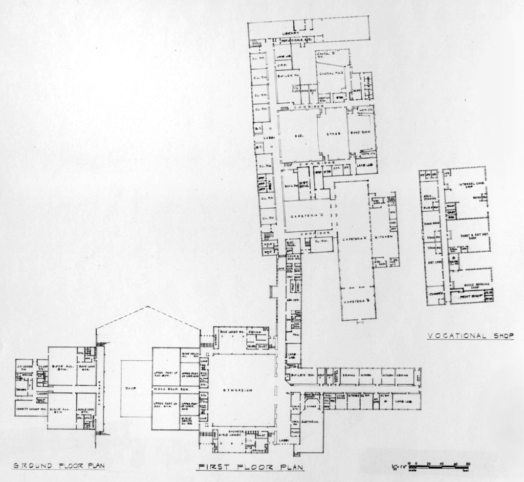 WL平面圖，顯示了1924年的建築物以及1932年，1941年和1952年的新增建築。